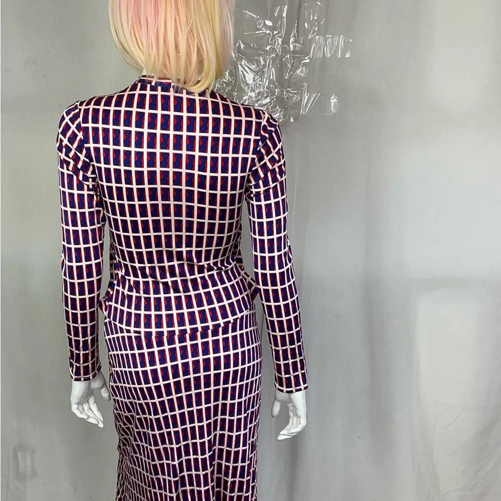 Issa London Blue Red White Geometric 100% Silk Long Sleeve Dress Size 6